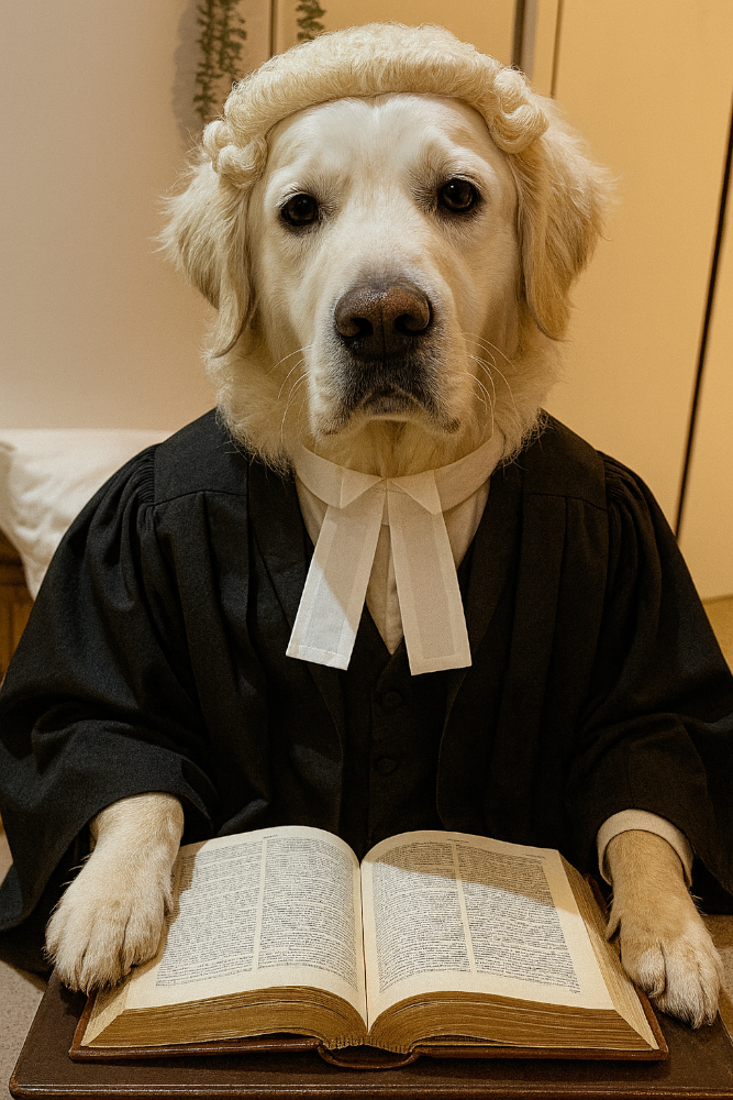A golden labrador in a barrister wig, bands, and gown, with an open law book in front of him.