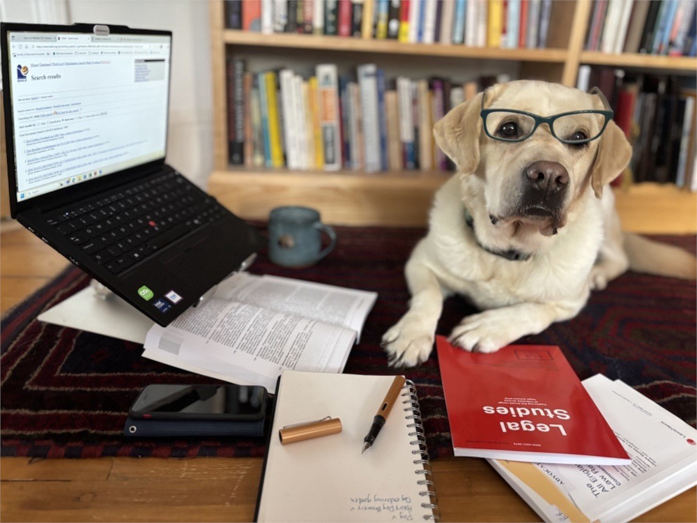 A dog waering glasses, sat next to an open laptop and law books, with a pen and notebook