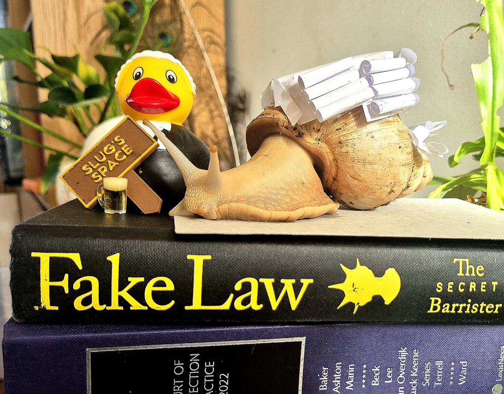 A giant snail in a barrister wig. Sat on a pile of law books, with a plastic duck dressed as a barrister and a tiny plastic pint